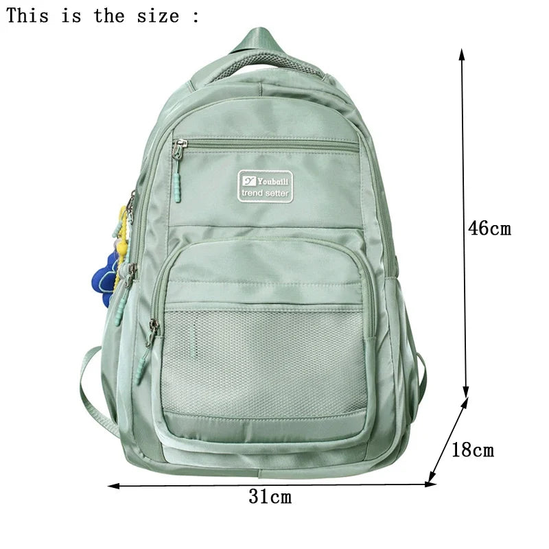 Multi-pocket Big Woman Backpack Solid Color Boys Girls Campus Style Schoolbag For TeenageNylon Waterproof Travel Bag