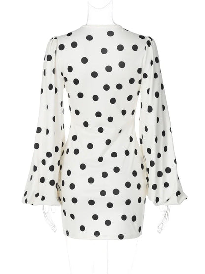 Spring Autumn Polka Dot Print Mini Dress Women Elegant Deep V Neck Flare Sleeve Slim High Waist A Line Short Party Dresses
