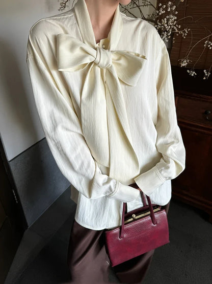 Elegant Beige Blouse Women Chic Bow Tie Long Sleeve Shirt Female Oversized Office Ladies Fashion Vintage Spring Clothes