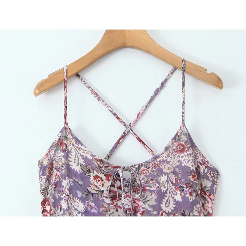 Vintage Floral Print Sling Vacation Dress Women New 2026 A-line Midi Big Swing Casual Summer Dresses
