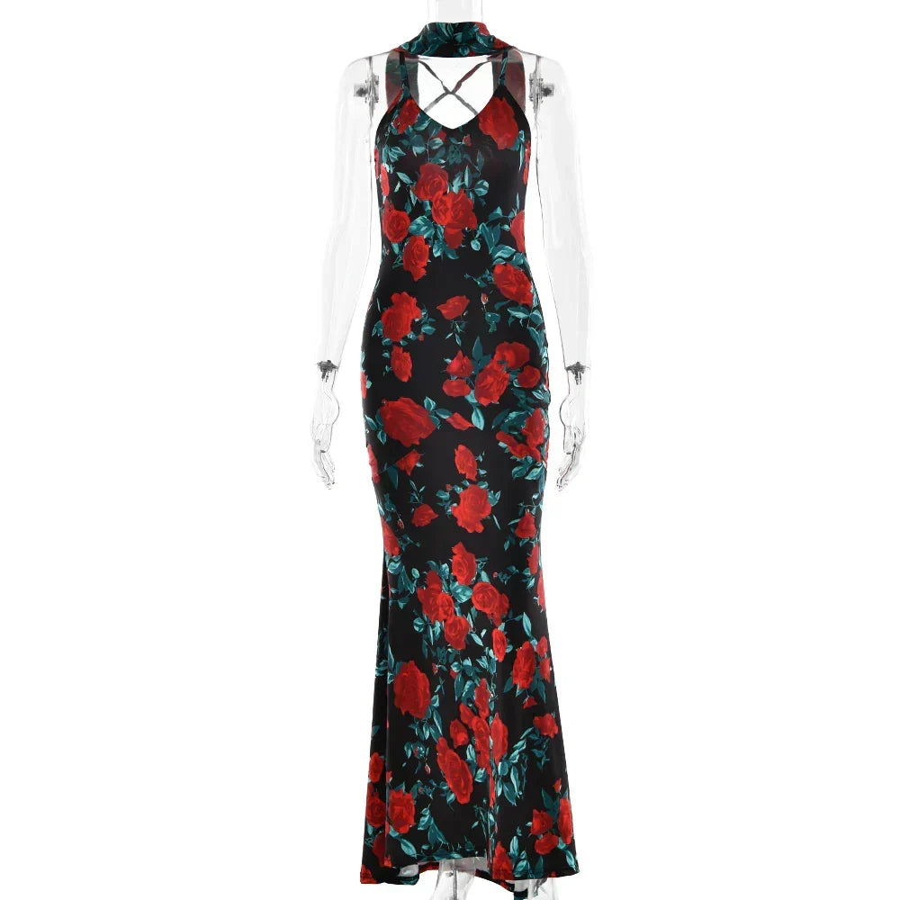 Deep V Spaghetti Strap Floral Print Bodycon Maxi Dress