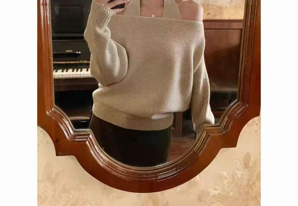Gentle and Unique Temperament, One Shoulder Design, Autumn Hanging Neck Vest, Loose and Versatile Sweater for Women