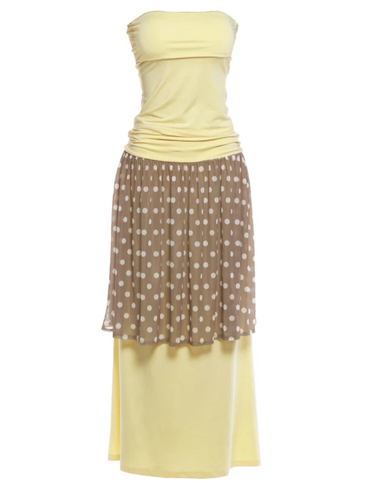 Fashion Elegant 2 Piece Set Women Sexy Trend Ruched Tank Tops+Polka Dot Print Mesh Patchwork Skirts Party Street Suit