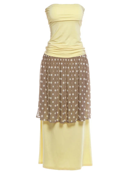 Fashion Elegant 2 Piece Set Women Sexy Trend Ruched Tank Tops+Polka Dot Print Mesh Patchwork Skirts Party Street Suit