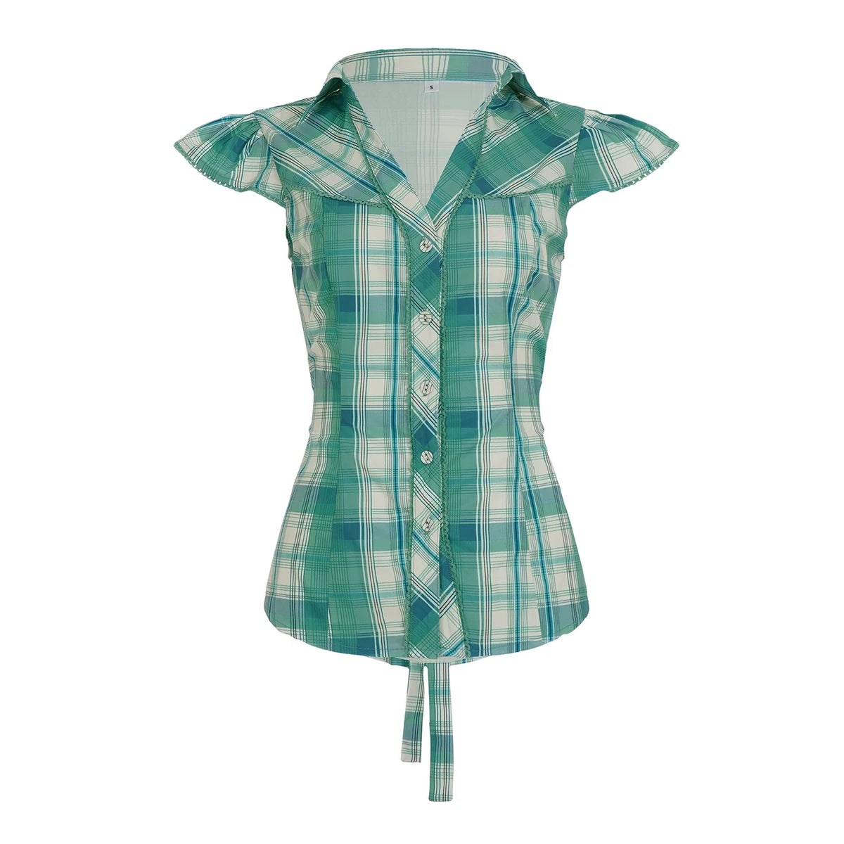 Green Plaid Print Blouse Vintage Turn-down Collar Single-breasted Top French Style Slim-fit Shirts Chic Fashion Clothes