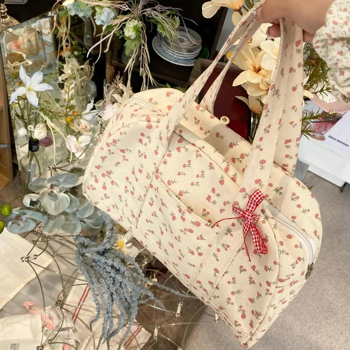 Korean Style Large Capacity Floral Canvas Tote Bags Fashion Commuting Shoulder Bags Niche Handbag