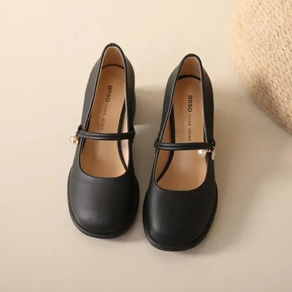 High Heel Leather Shoes Mary Jane Branded Pumps Chunky Sandals Shallow Mouth Clogs for Women Slip On Round Toe Latest Lolit