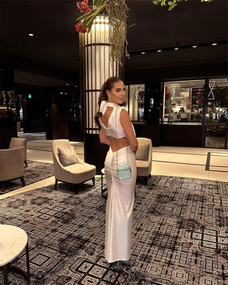 Mock Neck Structured Shoulder Waist Cutout Satin Maxi Gown