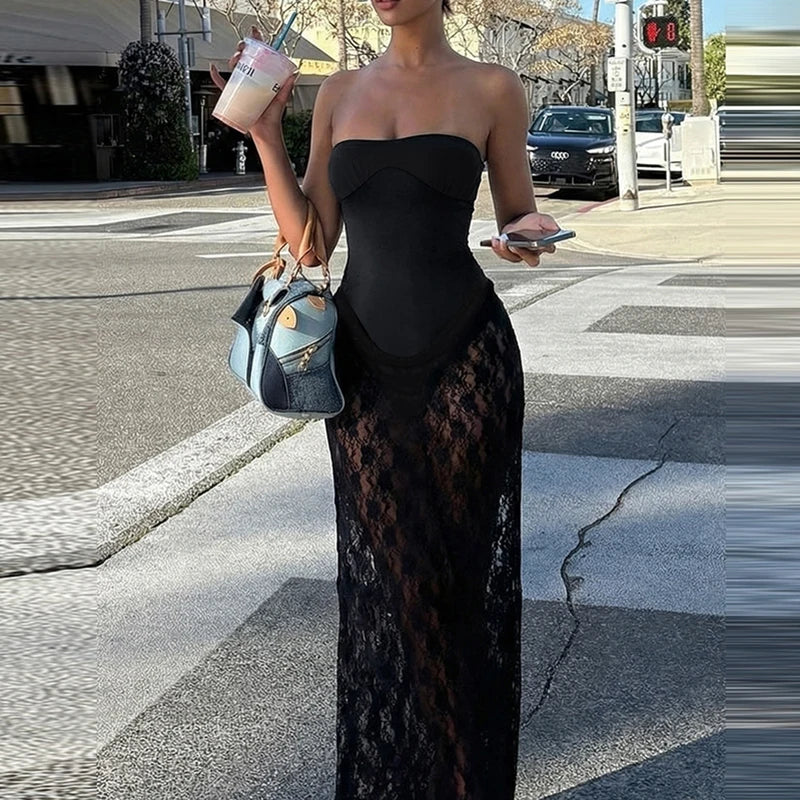 Elegant Spliced See-through Dresses Temperament Sexy Lace Tube Top Evening Dress Summer Strapless Solid Color Slim Banquet Dress