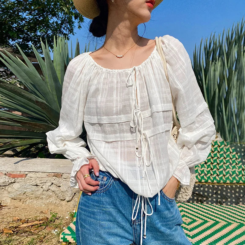 Elegant Chic Loose Shirt Blouse Spring Summer 100% Cotton Long Sleeve Sheer Tiered Vintage Women Ladies Blouse Tops