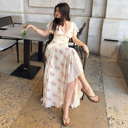 Fashion Women's Dress V-neck Short Sleeve Slim Female Print Floral Dresses Summer Sexy Elegant Holiday New Party Lady Robe