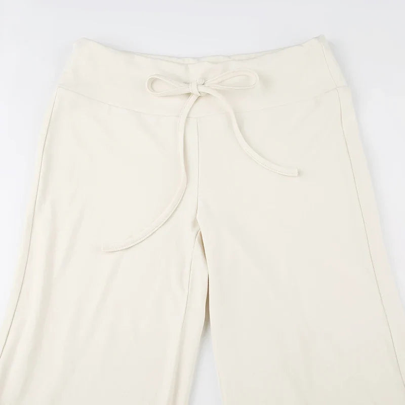 Drawstring Solid Women Slacks Turndown Waist Straight Casual Pants Concise Knitted Sweatpants All-matched Trousers Home