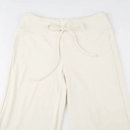 Drawstring Solid Women Slacks Turndown Waist Straight Casual Pants Concise Knitted Sweatpants All-matched Trousers Home