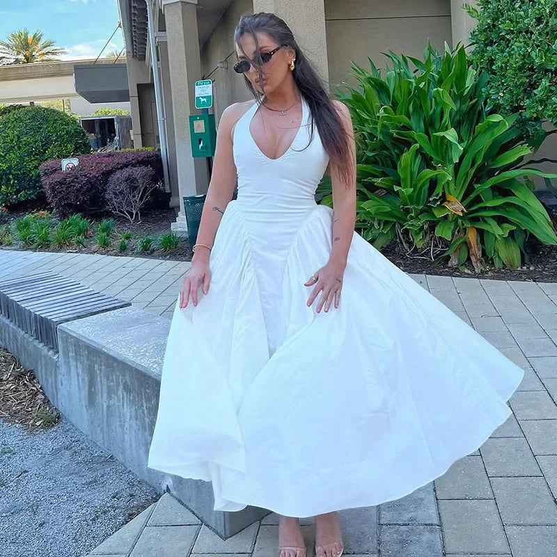 Sexy Deep V Hollow Halterneck Large Hem Dress For Women Solid High Waisted Backless Splice Summer New Vacation Long Dress