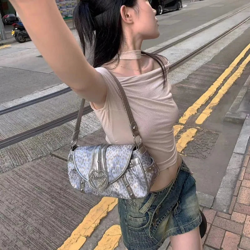 Vintage Womens Shoulder Bag Leopard Y2k Fashion Punk Designer New in Handbag Advanced Luxury Commuter Female Armpit Bag