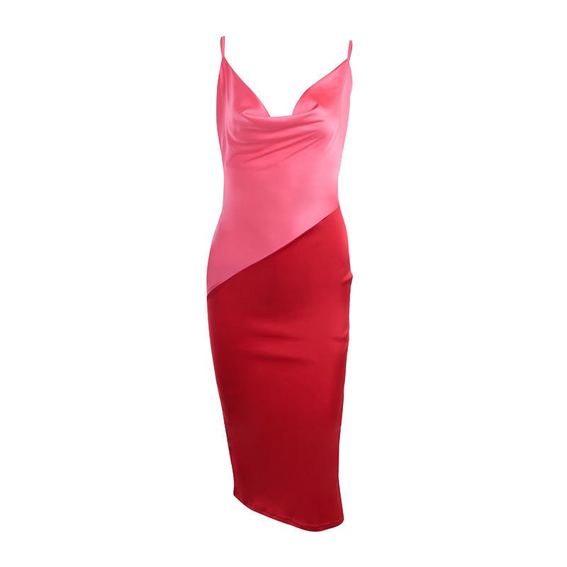 Diagonal Colorblock Cowl Neck Spaghetti Strap Satin Midi Dress