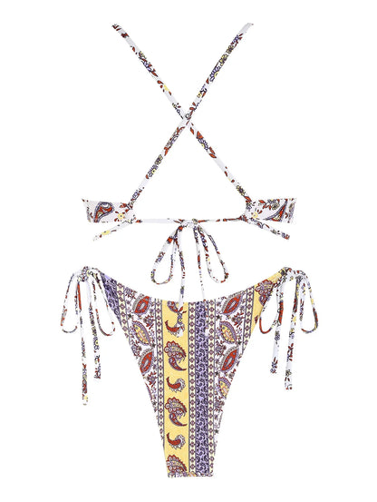 Floral Printed Ethnic Style Tie Side Criss Cross Star-shaped Bikini Swimwear