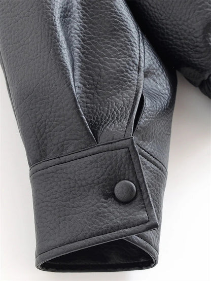 Women's Jacket Fall 2025 New Black Long Sleeve Pebble Faux Leather Jacket Motorcycle Style Personality Fashion