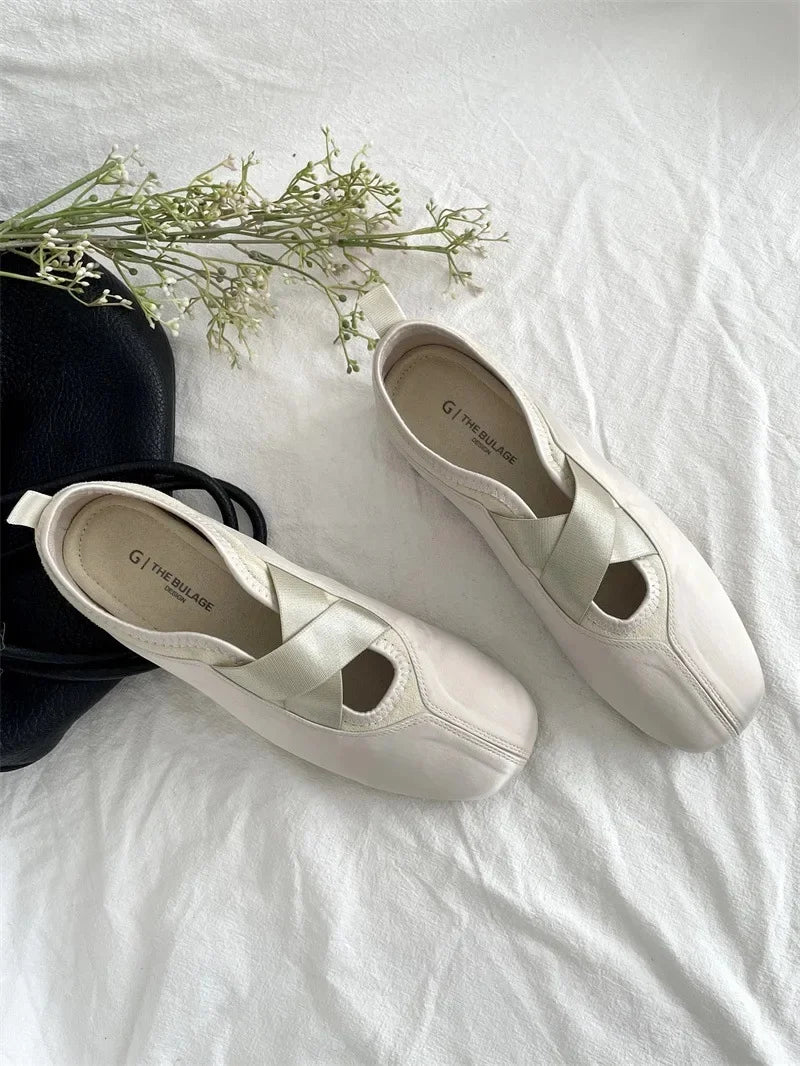 New Women's Ballet Slippers Pink Soft Sole Shallow Heel Round Head Fiberglass Fabric Retro Style Low Heel