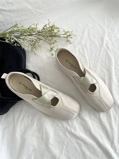 New Women's Ballet Slippers Pink Soft Sole Shallow Heel Round Head Fiberglass Fabric Retro Style Low Heel
