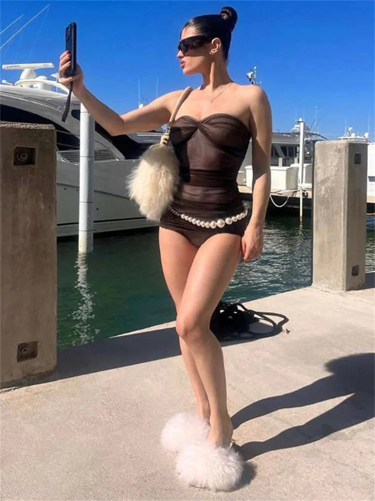 Sexy Sheer Bodysuit Women Summer Double Deck Strapless Solid Folds Skinny Beach Coquettish Fashionable Clubwear Tops