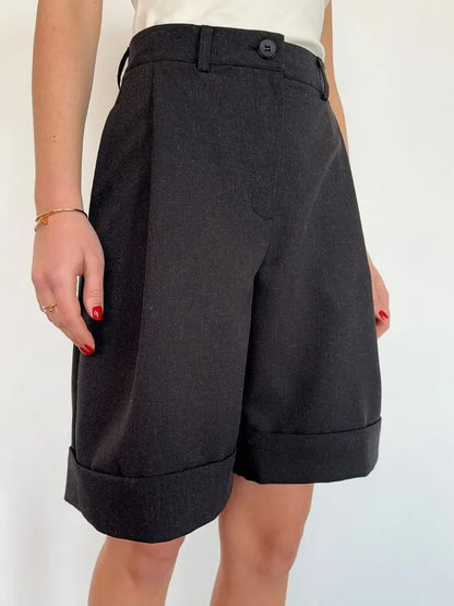 High Waisted Bermuda Shorts Women Elegant Pleated Wide Leg Shorts Linen Cuffed Office Lady Summer Shorts Casual Cotton New