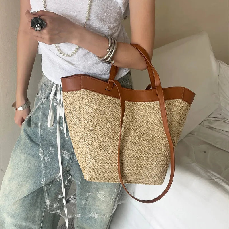 Summer Large Capacity Tote Bag Women Shoulder Bag Handmade Woven Bag Fresh Rural Handheld Grass Woven Women Bag