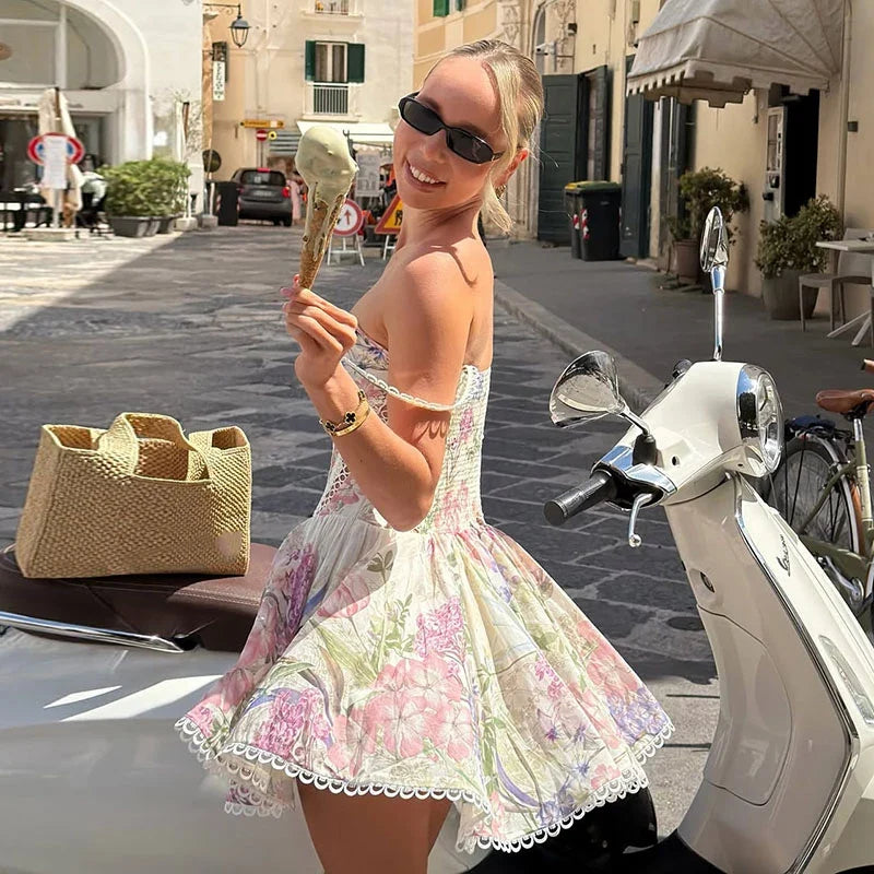 Sexy Hollow Out Printed Short Women's Dress Waist Cinched V-neck Sleeveless Backless Puffy Dresses Summer Lady Party Robes