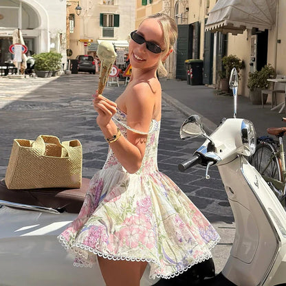 Sexy Hollow Out Printed Short Women's Dress Waist Cinched V-neck Sleeveless Backless Puffy Dresses Summer Lady Party Robes