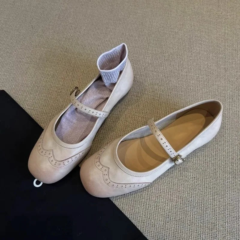 Retro Round Head Red Single Shoes Shallow Mouth One-word Buckle with Engraved Small Leather Shoes Flat Mary Jane Shoes