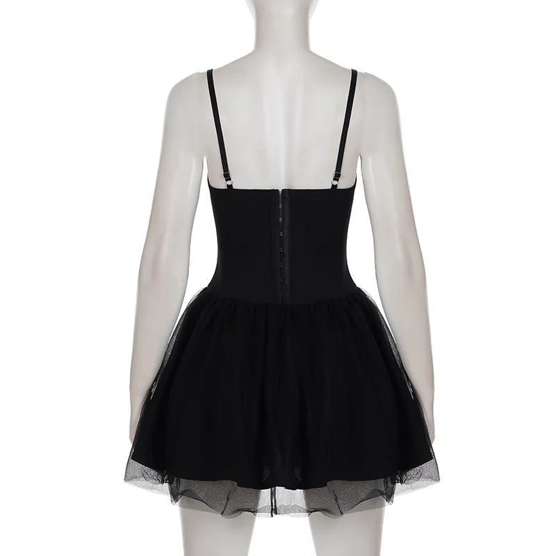 Gothic Black Bow Spaghetti Strap Dress Women Fashion Ruched V Neck Sleeveless Mesh Patchwork A Line Mini Dress Clubwear