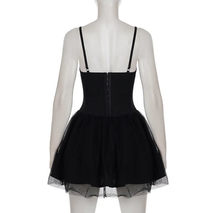 Gothic Black Bow Spaghetti Strap Dress Women Fashion Ruched V Neck Sleeveless Mesh Patchwork A Line Mini Dress Clubwear