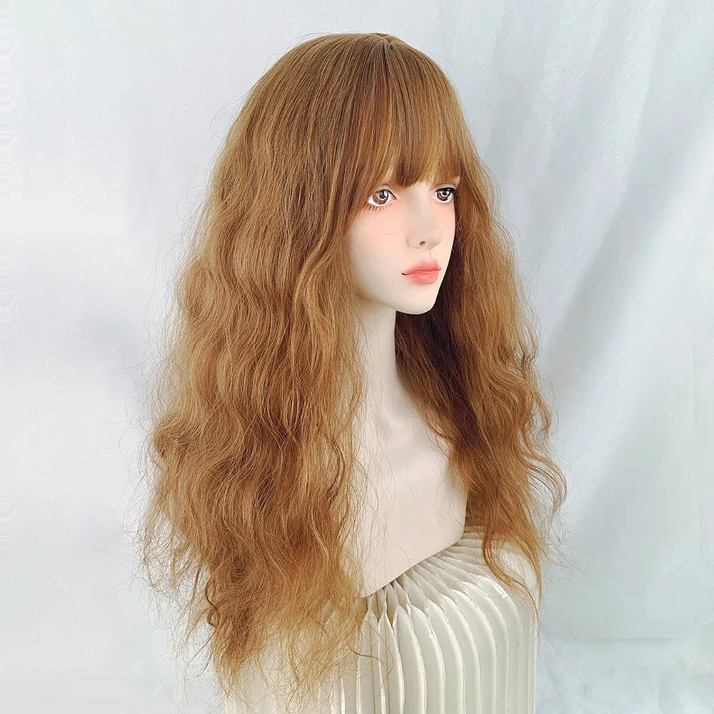Blonde Synthetic Long Wave Wig with Bangs Fluffy Lolita Cosplay Women Heat Resistant Wig for Daily Party