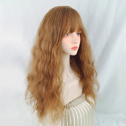 Blonde Synthetic Long Wave Wig with Bangs Fluffy Lolita Cosplay Women Heat Resistant Wig for Daily Party