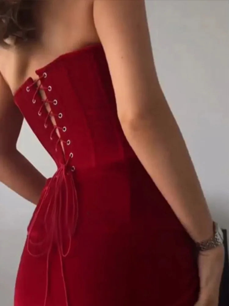 Women Bandage Backless Knotted Long Dress Velvet Split Sleeveless Slim Evening Party Hip Package Dresses Female Sexy Gown Robe
