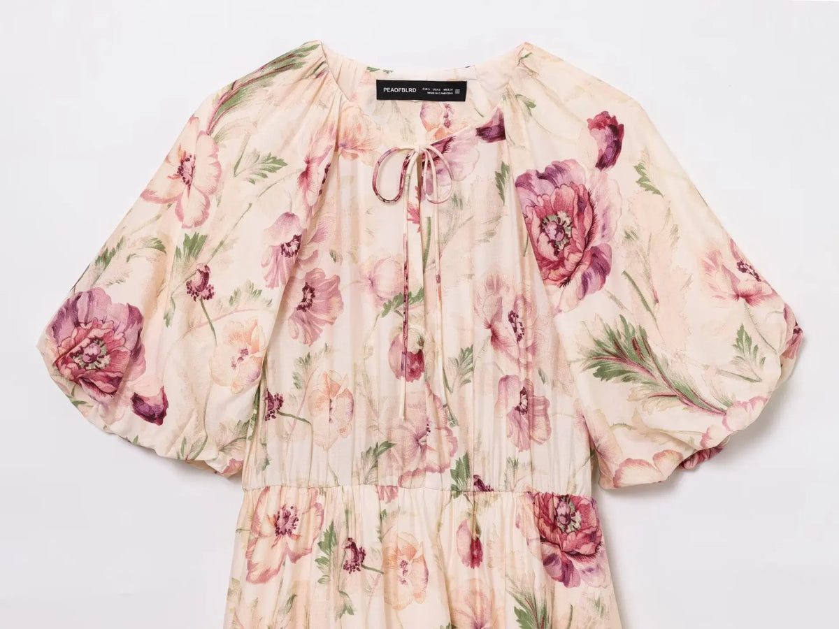 Fashion All-match Puff Sleeve Short Women Dress Round Neck Floral Print Chic New Dress Elegant Summer Woman Clothing
