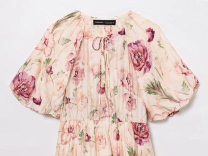 Fashion All-match Puff Sleeve Short Women Dress Round Neck Floral Print Chic New Dress Elegant Summer Woman Clothing