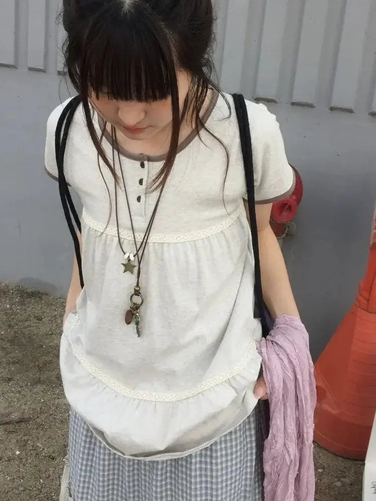 Japanese Summer Retro Lace Splicing Color Versatile Round Neck Short Sleeve Tee
