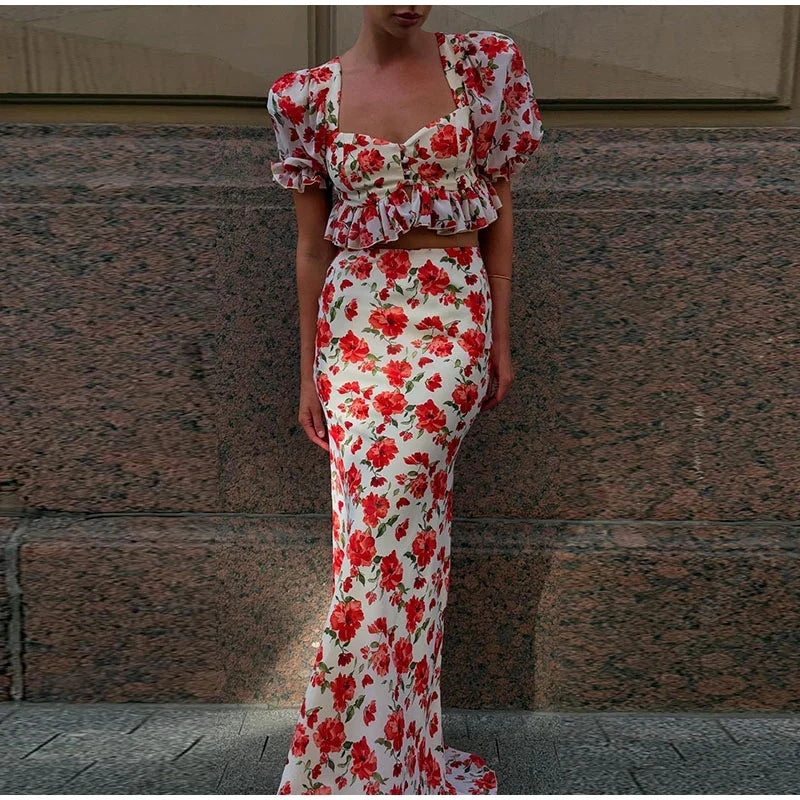 Elegant Printed Long Skirts Sets Women Square Collar Half Sleeve Crop Tops Low Waist Slim A-line Skirt 2025 Autumn Lady Chic Set