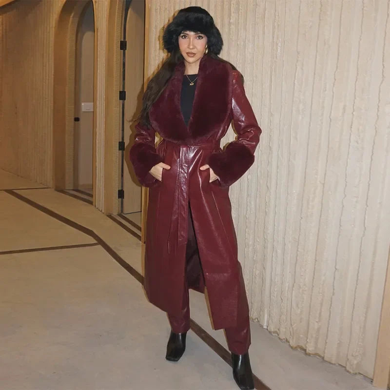 Elegant Fur Leather Women's Long Coat Red Long Sleeve Lapel Lace Up Loose Patchwork Jacket 2025 Fashion Autumn Winter Coats