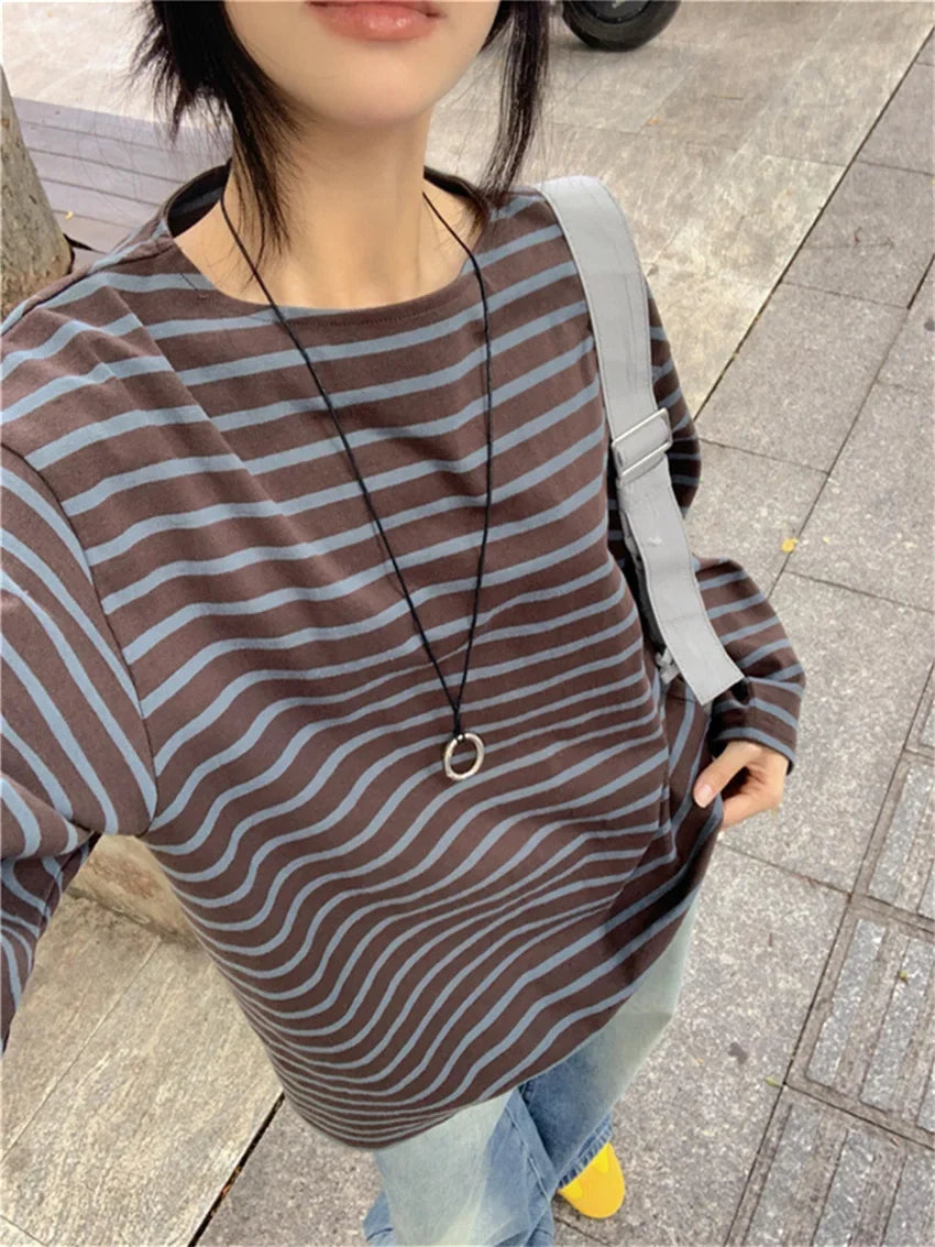 Loose Tees Stripes Vintage Streetwear All Match Fashion Oversize Full Sleeve Autumn Casual Office Lady T-Shirts