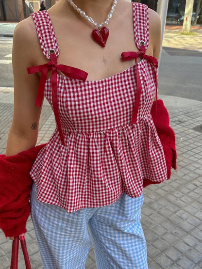 Women's Shoulder Tie Tank Tops Classic Plaid Print Sleeveless Square Neck Ruffle Babydoll Peplum Vest for Summer Y2k Aesthetic