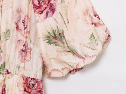 Fashion All-match Puff Sleeve Short Women Dress Round Neck Floral Print Chic New Dress Elegant Summer Woman Clothing