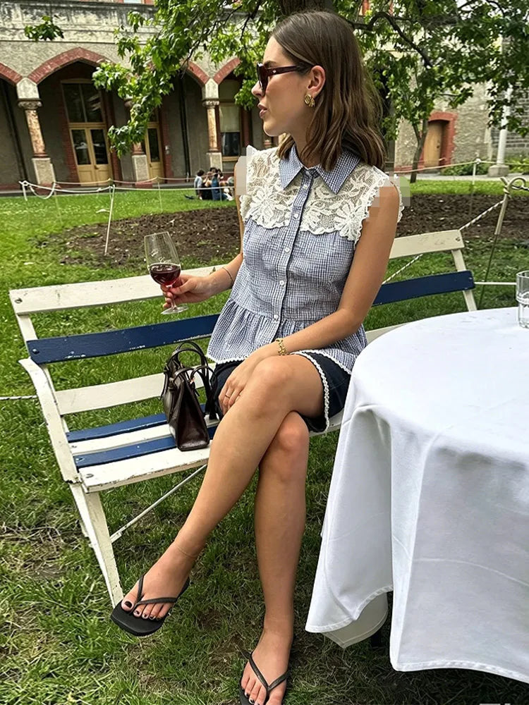 Gingham Lace Collar Sleeveless Peplum Blouse Collared Peplum Gingham Summer Chic Sweet Women Casual Preppy Casual Top