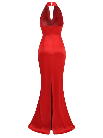 Halter Cowl Neck Waist Knot Draped Panel Maxi Gown