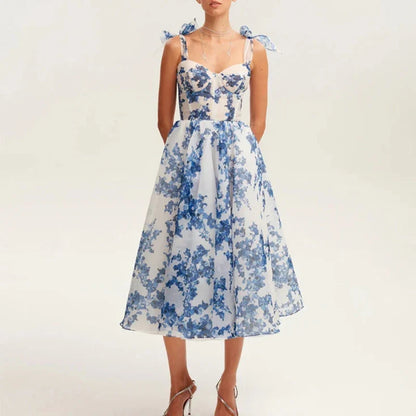 Ladies Temperament Floral Print Party Dress 2024 Fashion Off Shoulder Bow Strap Long Dress Elegant Mesh Sleeveless Evening Dress