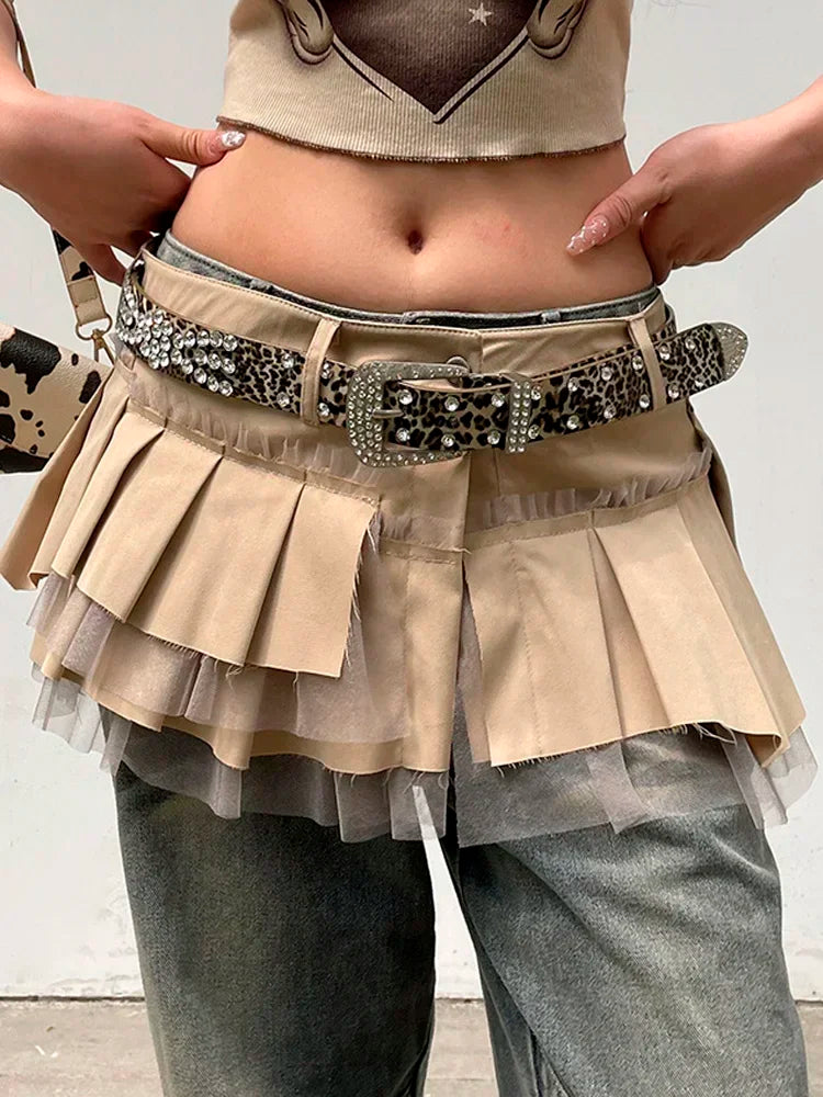 Rhinestone Belts Sexy Y2K Irregular Layered Mesh Cargo Skirts for Womens Summer Fashion High Waist Micro Mini Skirt Female