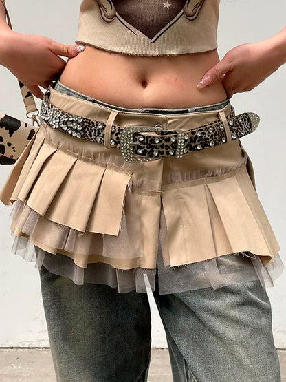 Rhinestone Belts Sexy Y2K Irregular Layered Mesh Cargo Skirts for Womens Summer Fashion High Waist Micro Mini Skirt Female