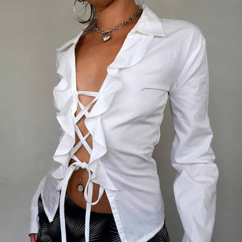 Ruffles Bandage Blouses Sexy Long Sleeve Slim Fit Casual Women Shirts Elegant Designed All-matched White Autumn Blouses