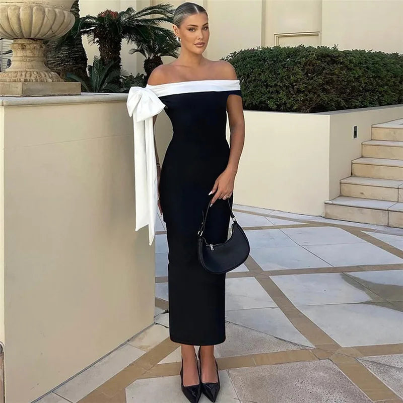 Off Shoulder Contrast Bow Shoulder Ribbon Bodycon Maxi Dress